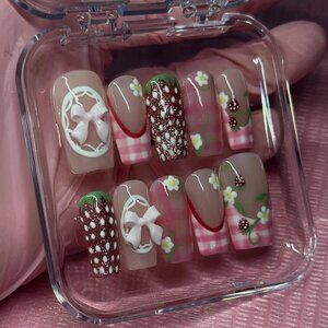Hand-Painted Strawberry Shortcake Press On Nails: Long Square | Custom Sizing